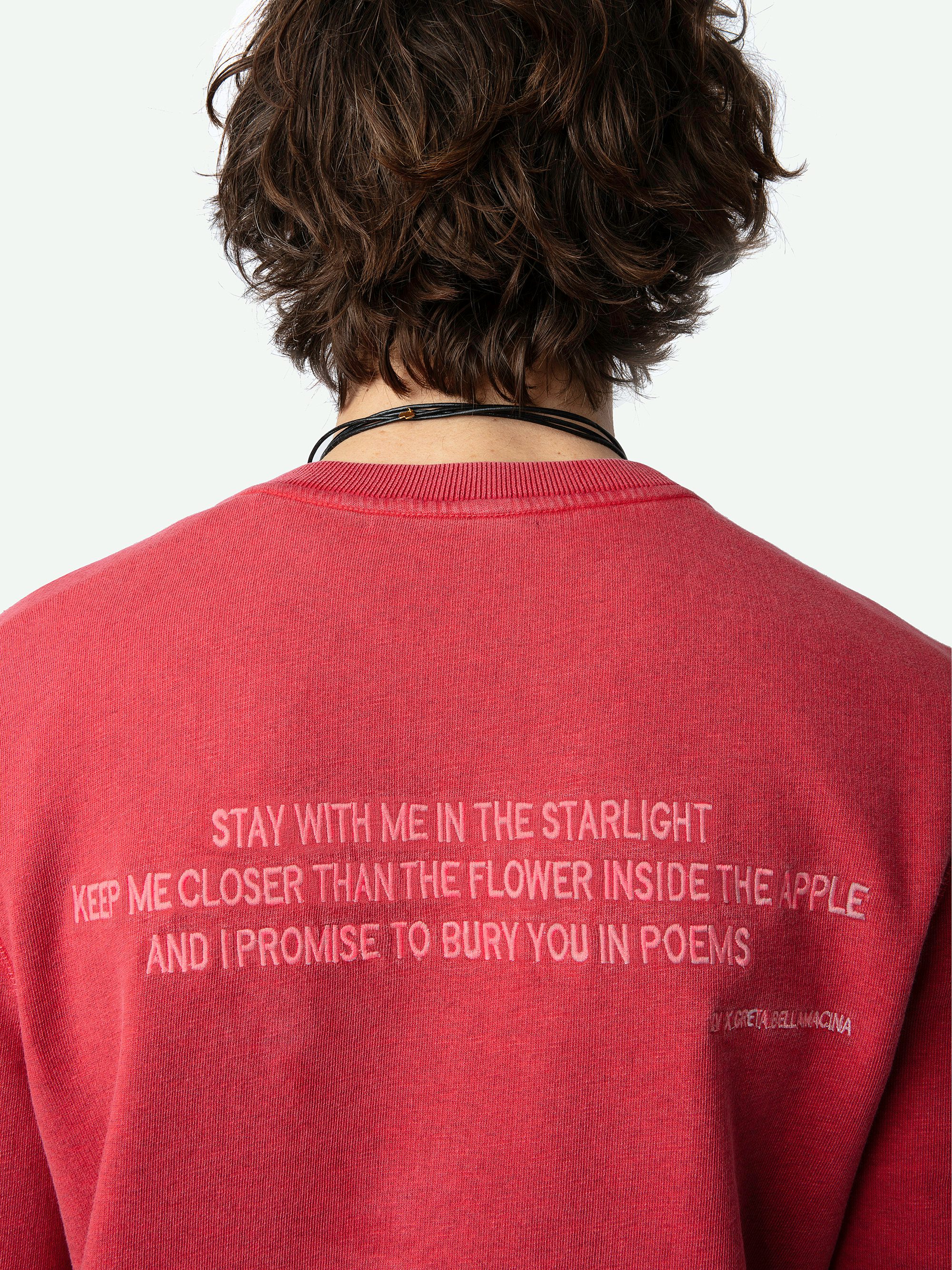 Sudadera Stony - Sudadera de algodón ecológico de color rosa de manga larga, con poema bordado en la espalda.